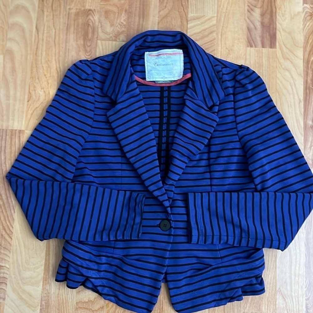 Anthropologie Cartonnier Blue w Black Stripes 1 Button Knit Blazer sz S